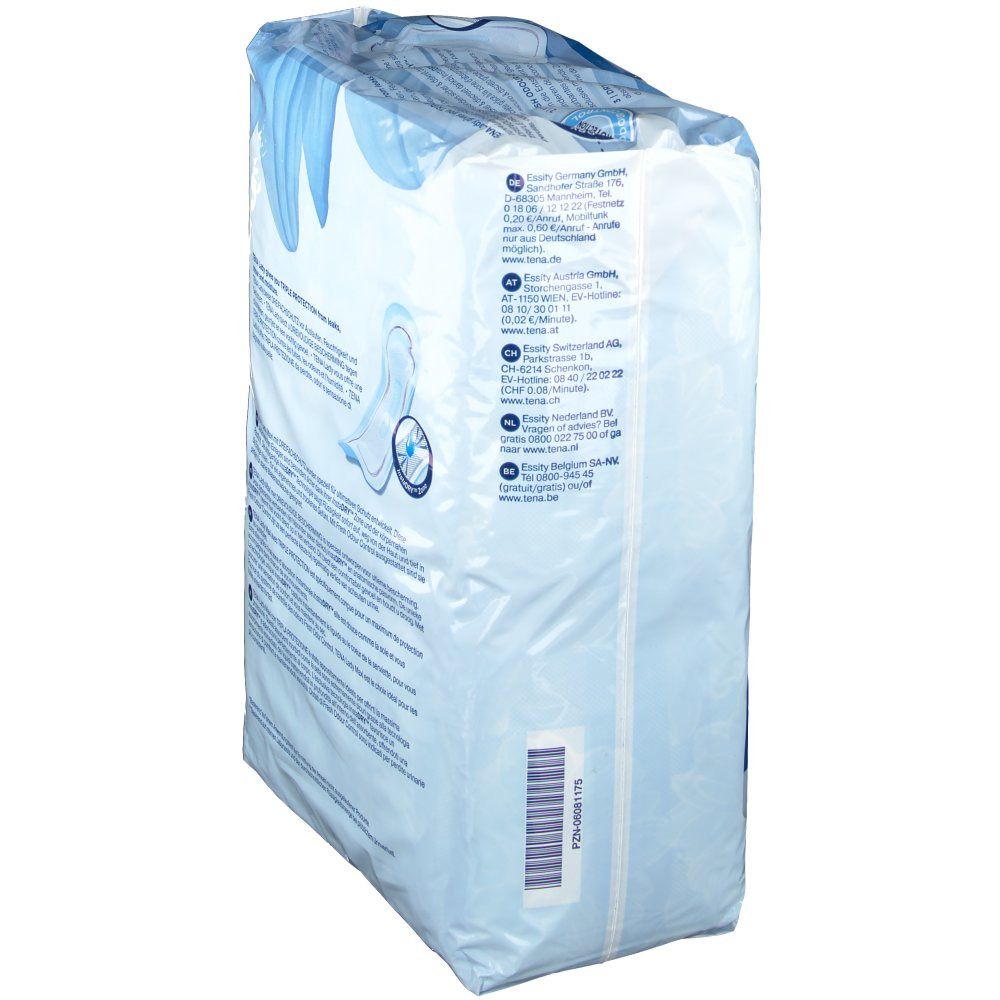 Zijaanzicht van de Tena Lady Maxi verpakking. Blauwe verpakking met tekst en barcode. Fabrikantinformatie.