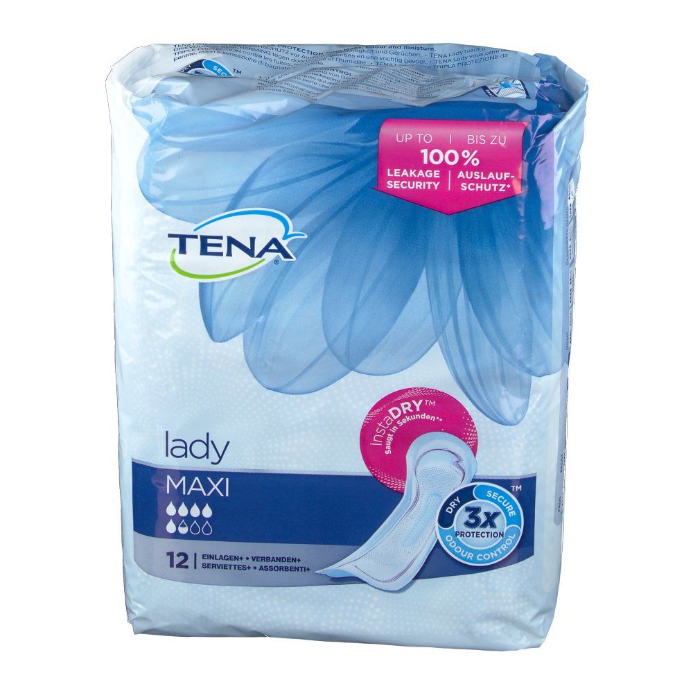 Tena Lady Maxi verpakking. Blauwe verpakking met afbeelding en tekst. 12 stuks, Dry Secure.