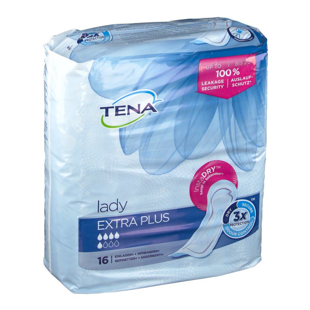 Confezione Tena Lady Extra Plus. 16 assorbenti. Scritte: 100% protezione perdite, InstaDRY, protezione 3X.