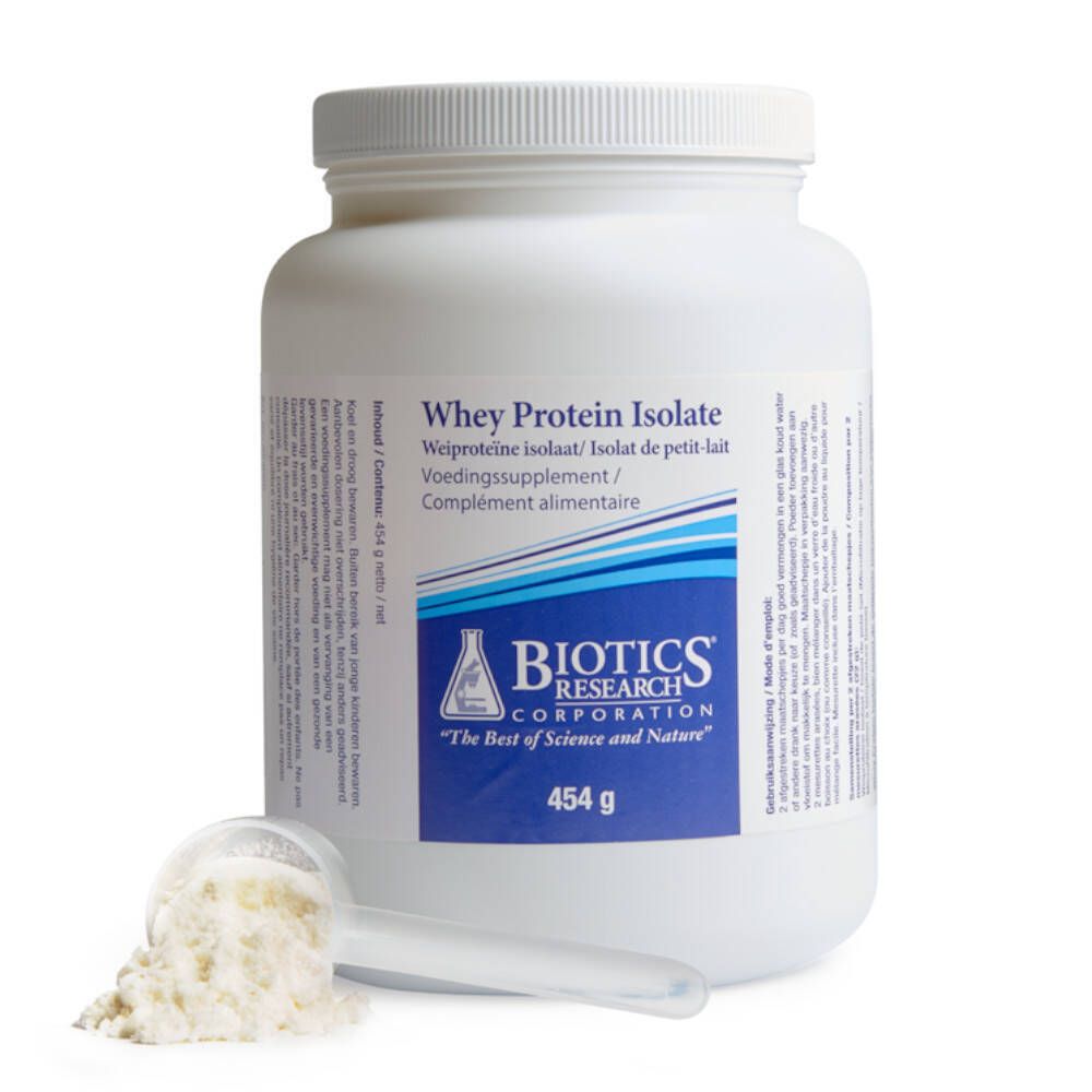 Pot blanc BIOTICS RESEARCH Whey Protein Isolate avec cuillère et poudre. Inscription : 454 g.
