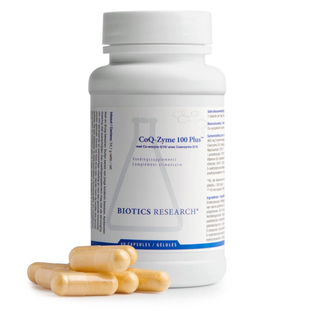 Flacon blanc avec capsules. Inscription: CoQ-Zyme 100 Plus, Biotics Research. 60 gélules. Quelques gélules à côté.