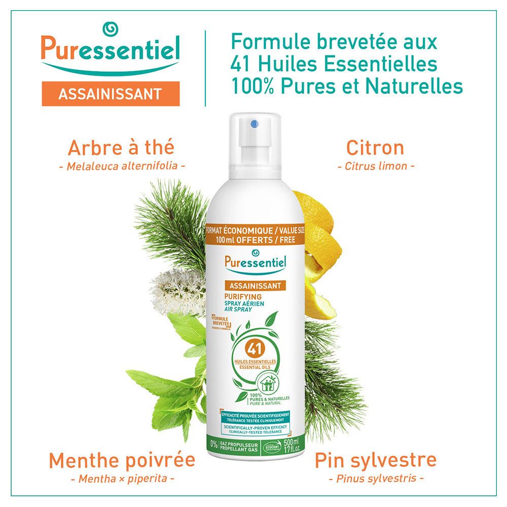Spray met tekst: Puressentiel, Assainissant, 41 Huiles Essentielles. Illustratie van citroen, theeboom, munt, den.