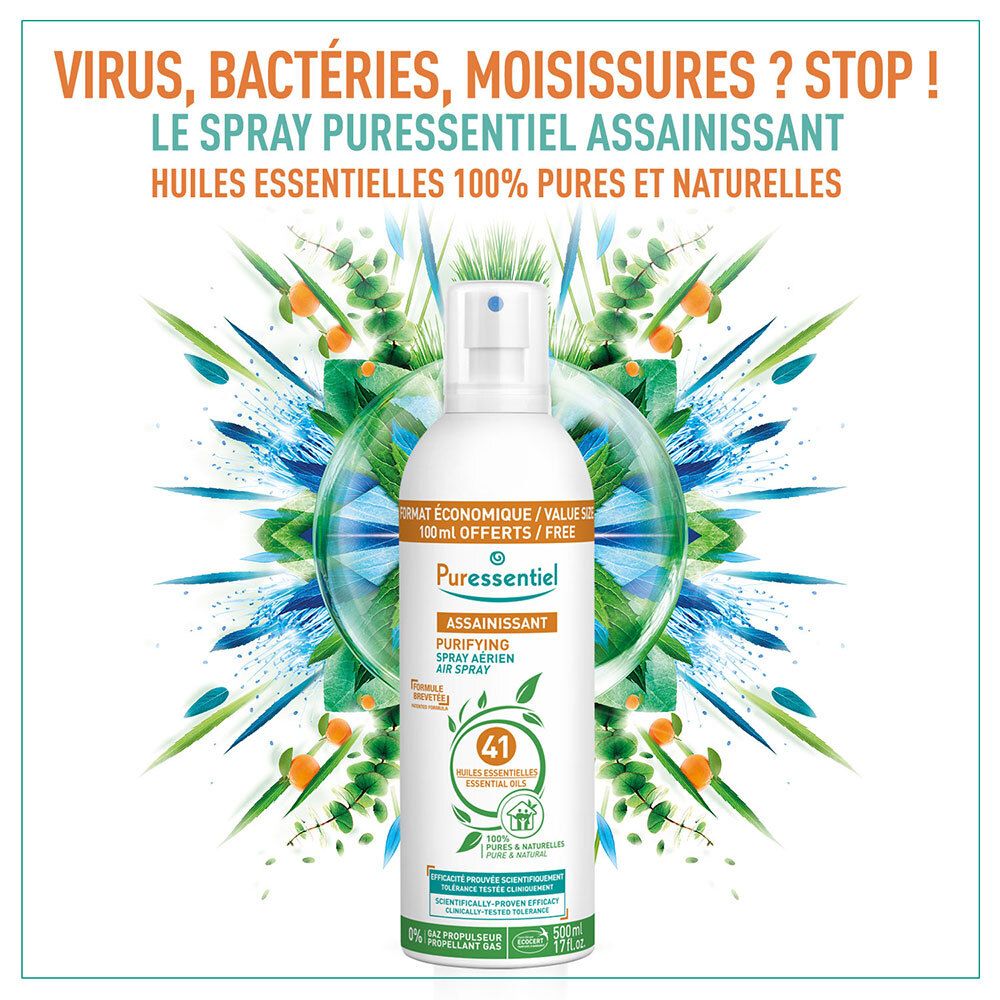 Spray met tekst: Puressentiel, Assainissant, 41 Huiles Essentielles. Grafiek met bladeren en tekst.