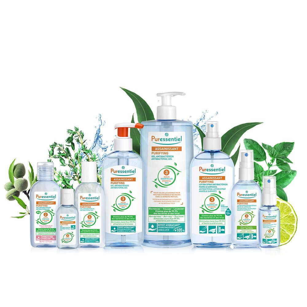 Verschillende producten. Flessen en sprays met etiketten: Puressentiel, Assainissant.
