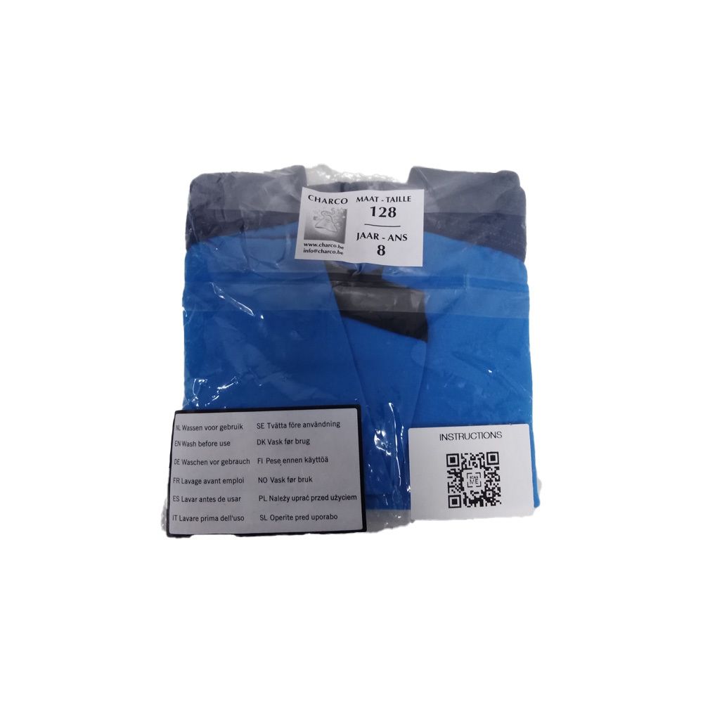 Slip bleu emballé. L'emballage indique "CHARCO", "128", "JAAR-ANS 8".
