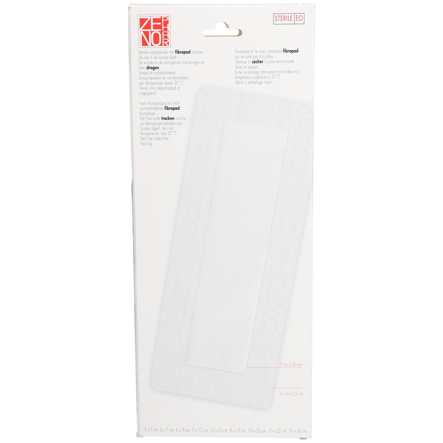 Rückseite der Verpackung mit weißem Kompresse. Text und Logo ZENO PHAR. Steril-Kennzeichnung.