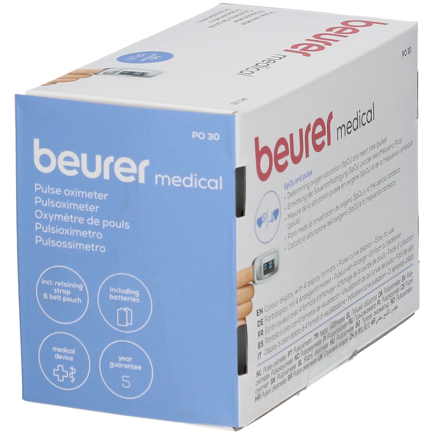 Verpakking van de Beurer PO30 pulsoximeter. Inclusief: draagriem, batterijen, 5 jaar garantie.