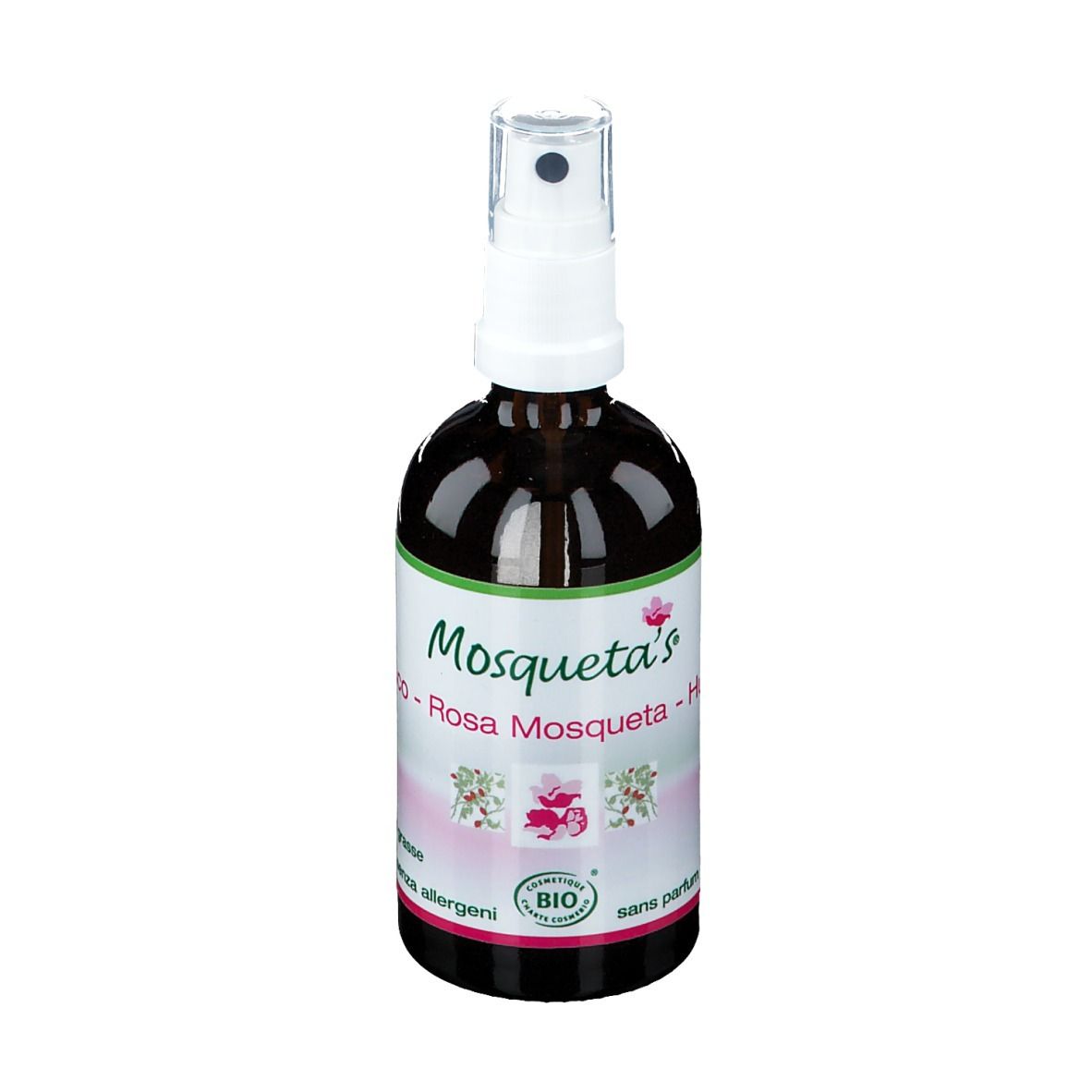 Flacon en verre brun avec vaporisateur. Étiquette avec nom du produit et label bio. Huile de Rosa Mosqueta.