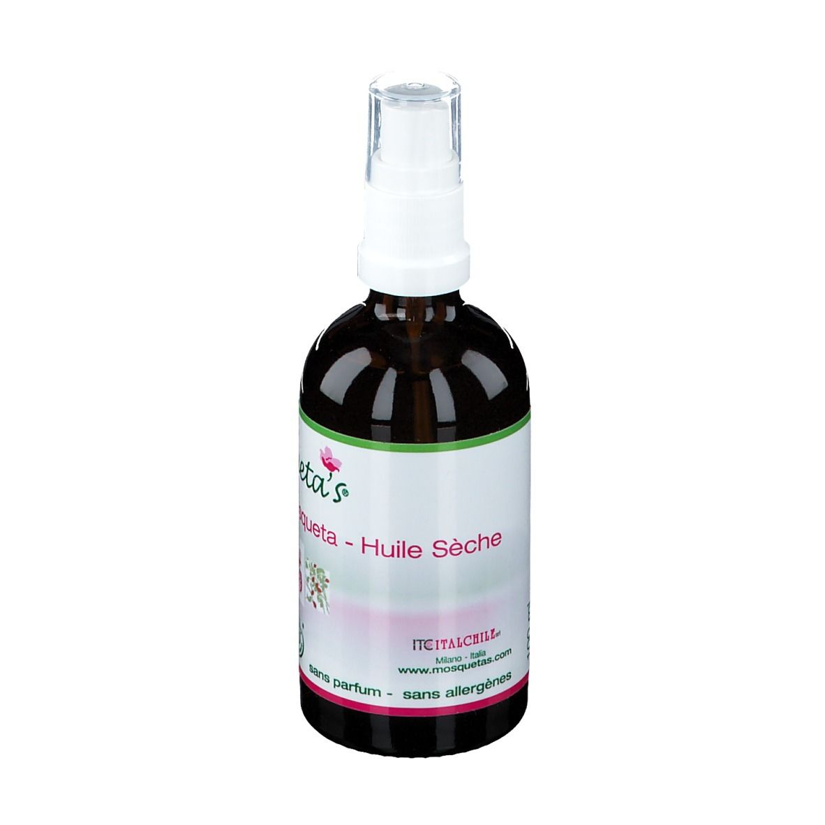 Flacon en verre brun avec vaporisateur. Étiquette avec nom du produit et 'Huile Seche'.