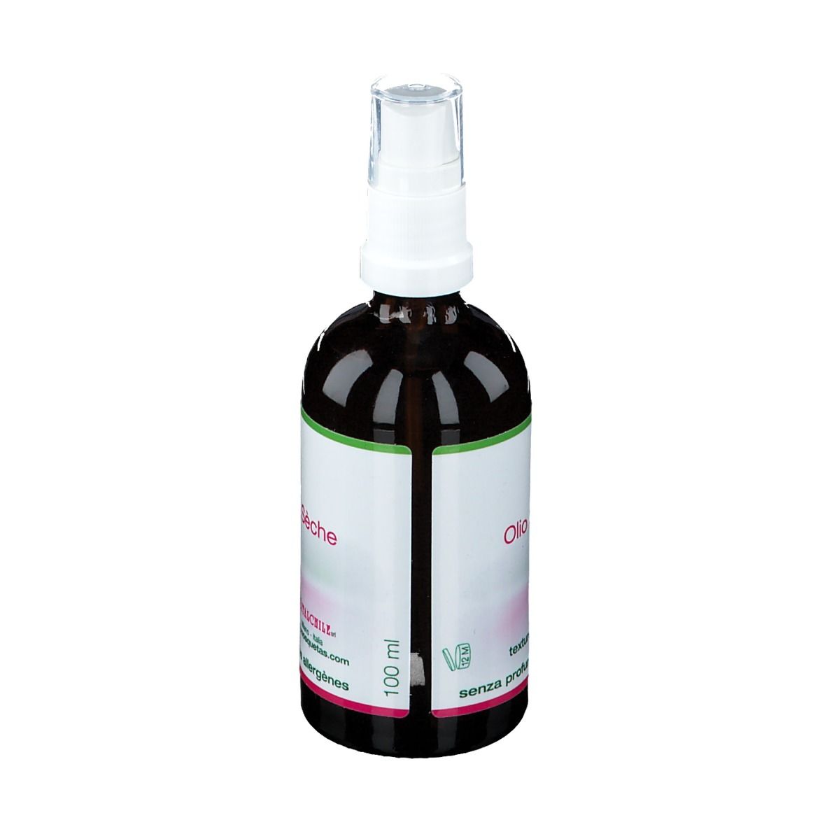 Flacon en verre brun avec vaporisateur. Étiquette avec nom du produit et volume '100 ml'.