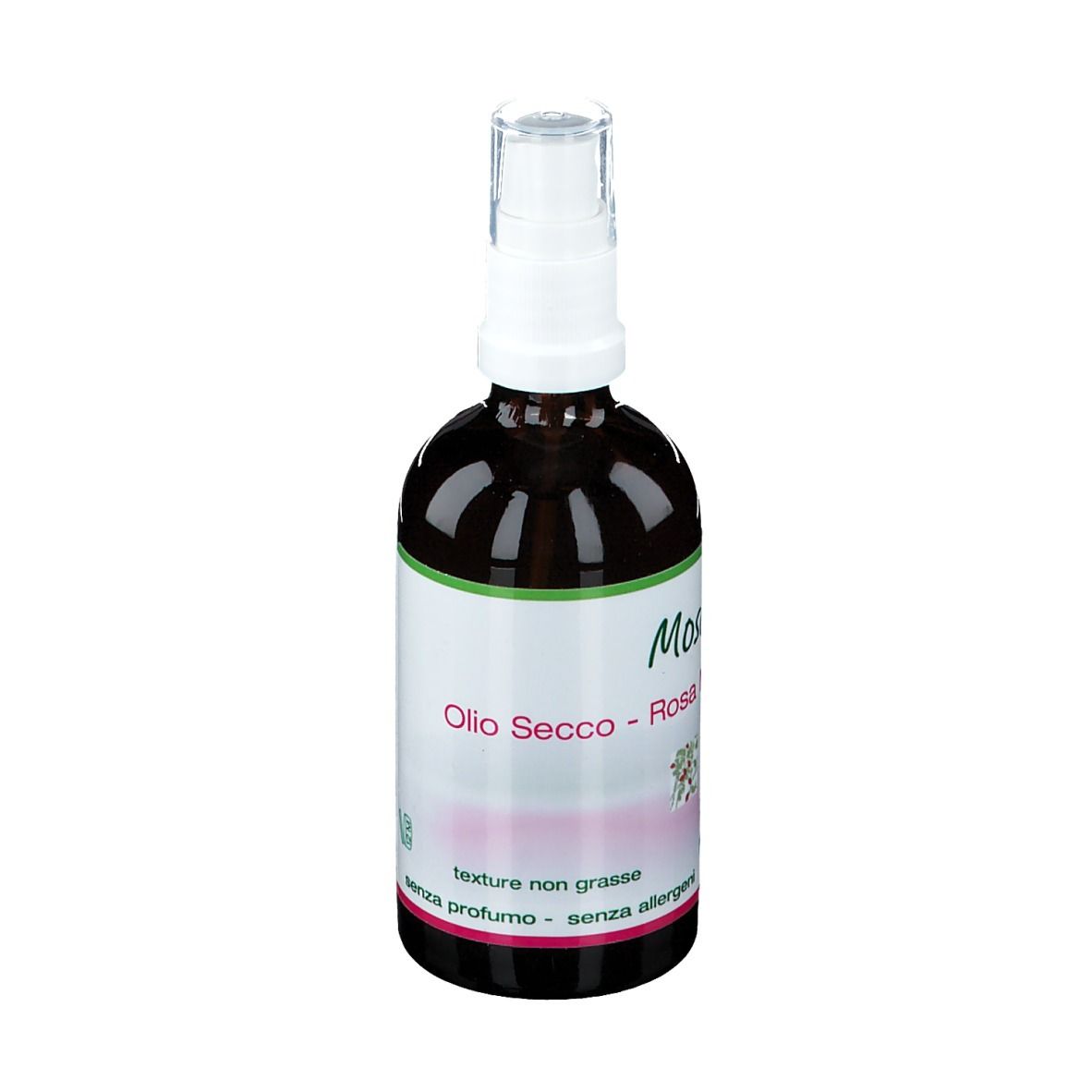 Flacon en verre brun avec vaporisateur. Étiquette avec nom du produit et 'Olio Secco'.