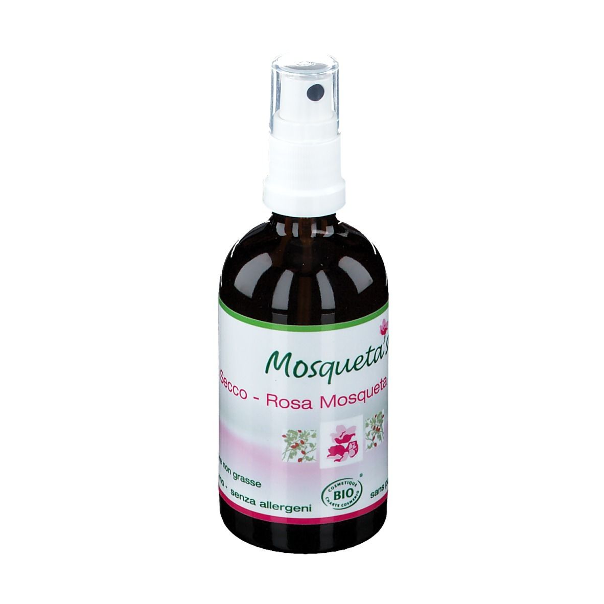 Flacon en verre brun avec vaporisateur. Étiquette avec nom du produit et label bio. Huile de Rosa Mosqueta.