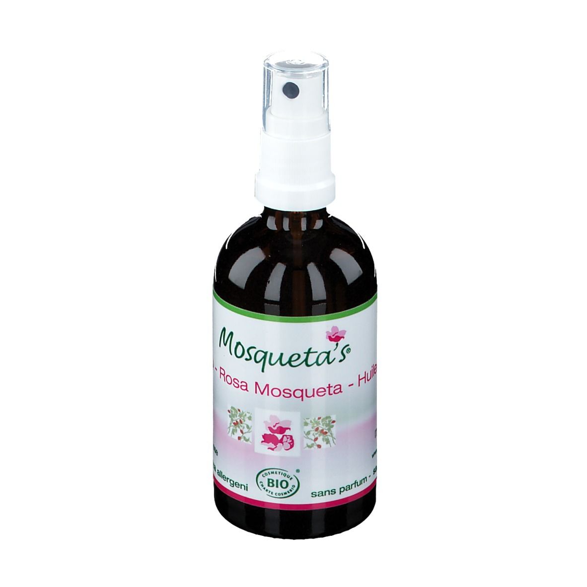 Flacon en verre brun avec vaporisateur. Étiquette avec nom du produit et label bio. Huile de Rosa Mosqueta.