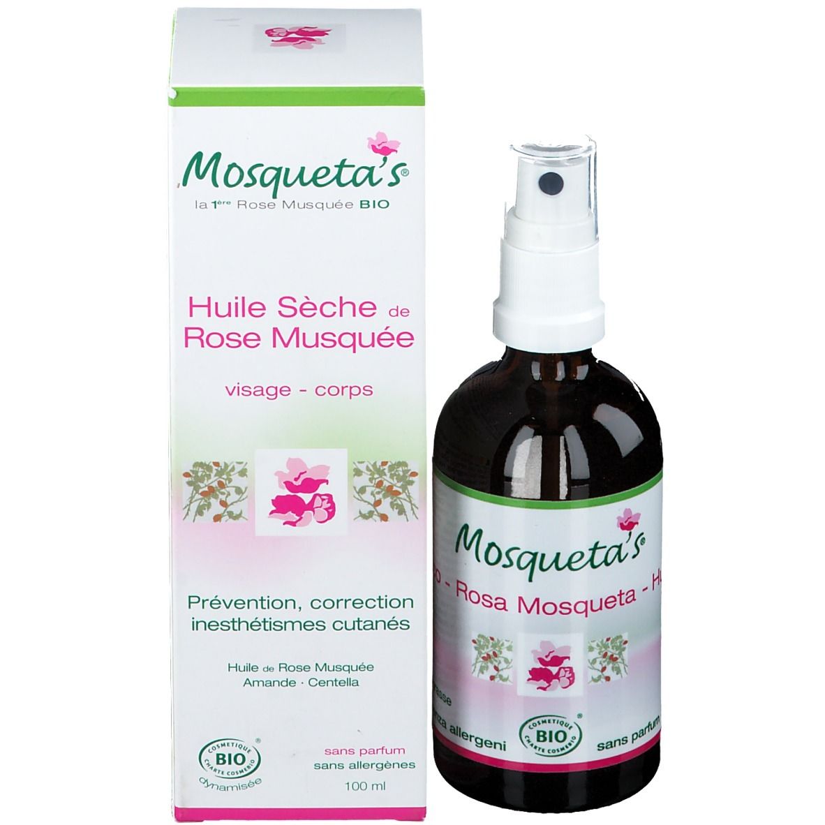 Flacon avec emballage carton. Flacon avec vaporisateur, étiquette avec nom du produit et label bio.