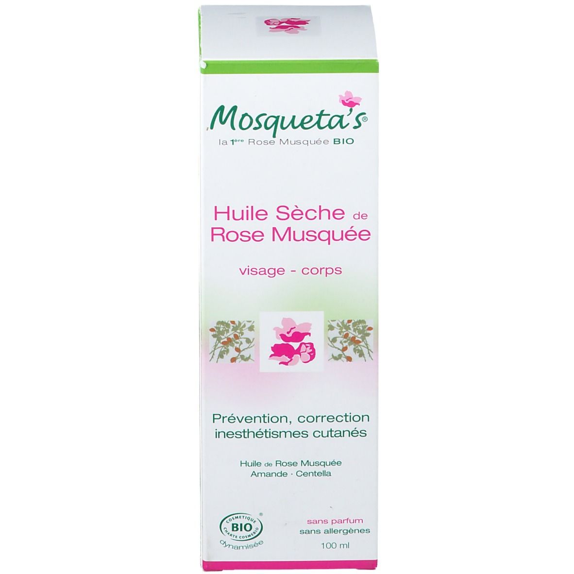 Emballage carton avec nom du produit et label bio. Inscription 'Huile Seche de Rose Musquee'.