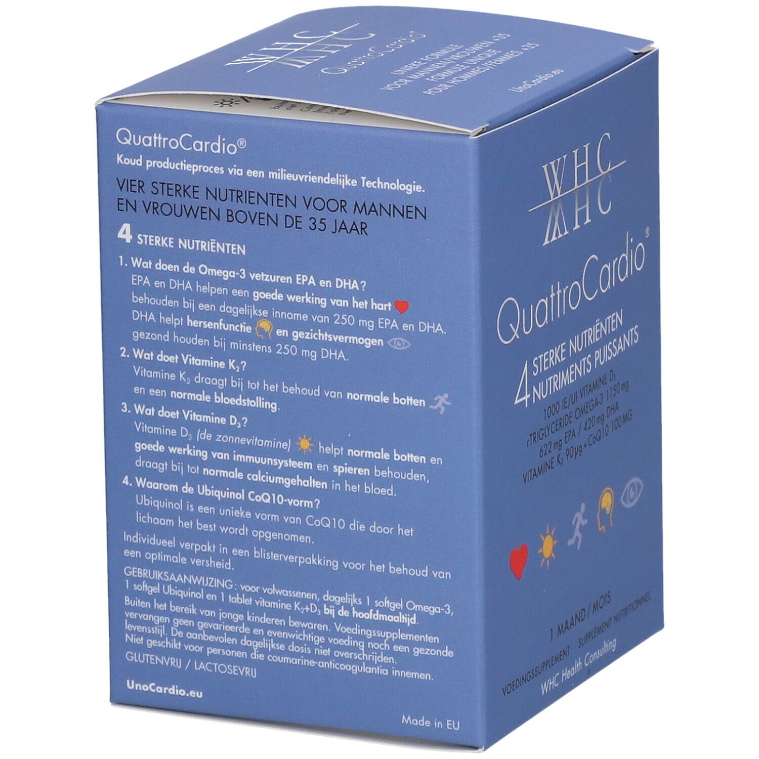 Blauwe verpakking WHC QuattroCardio. Achterkant met info en logo. Voor personen ouder dan 35 jaar.