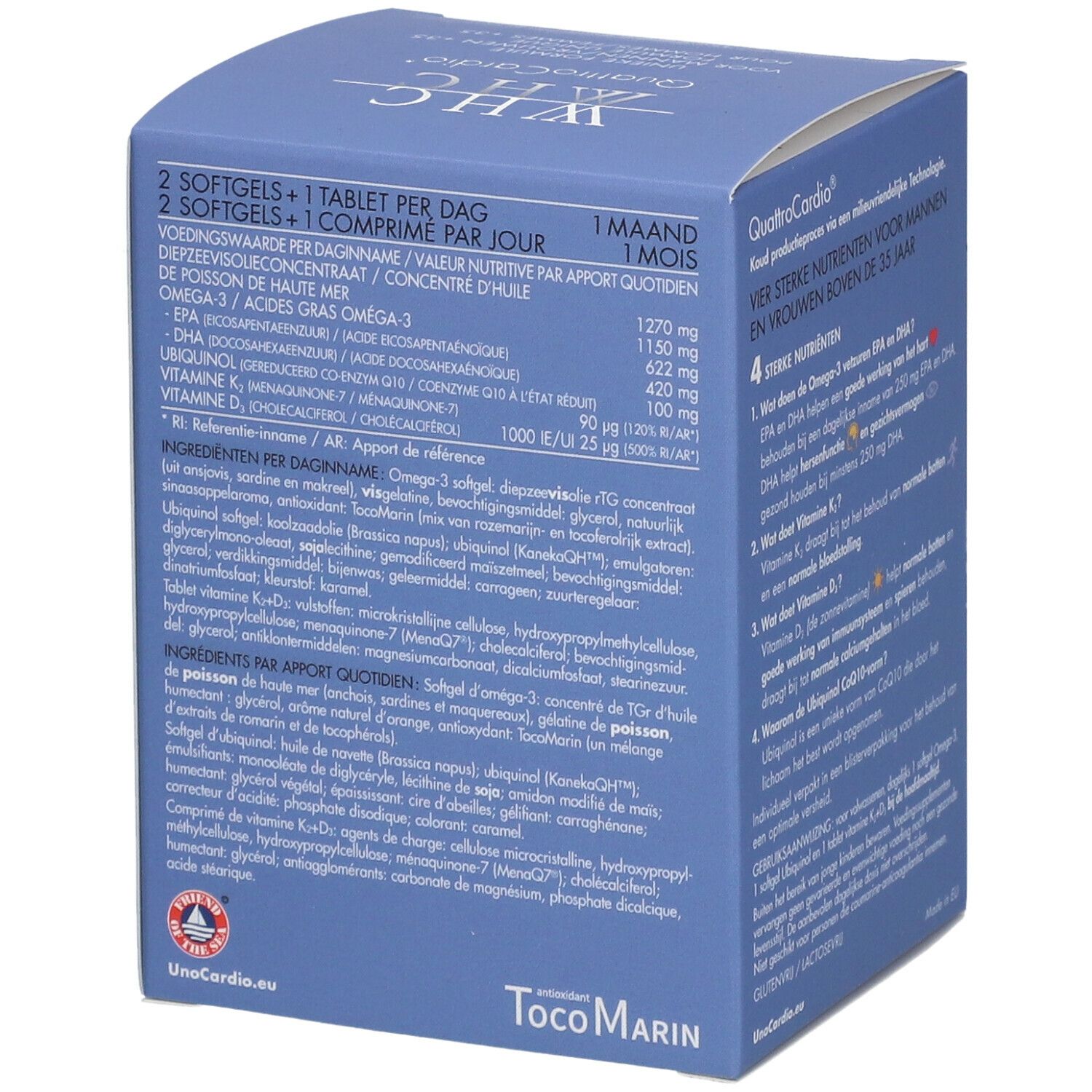Blauwe verpakking WHC QuattroCardio. Achterkant met ingrediënten en voedingswaarde. Bevat Omega-3.