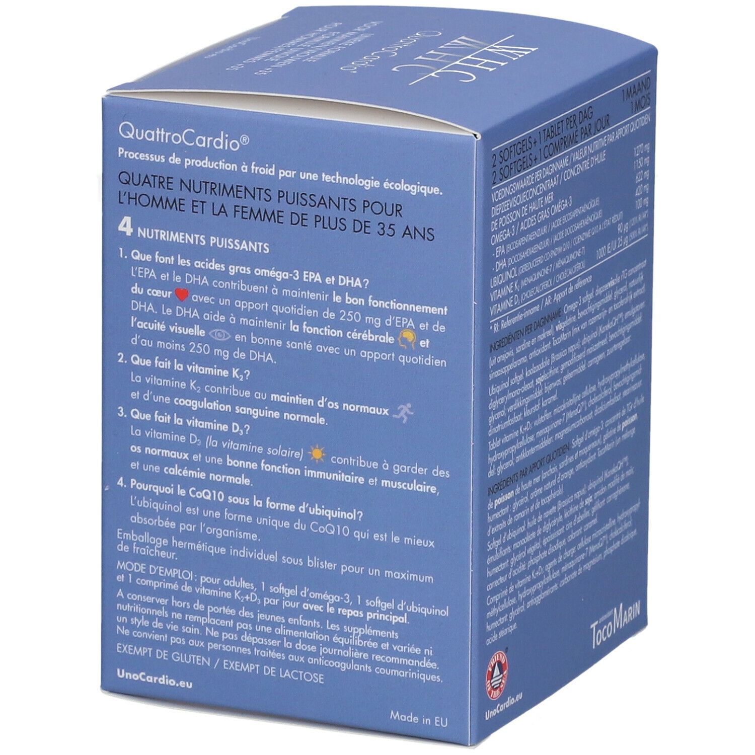 Blauwe verpakking WHC QuattroCardio. Achterkant met info en logo. Voor personen ouder dan 35 jaar.