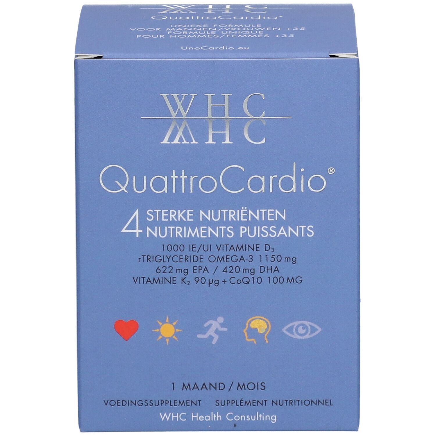 Blauwe verpakking van WHC QuattroCardio met logo en info. Bevat 4 voedingsstoffen.