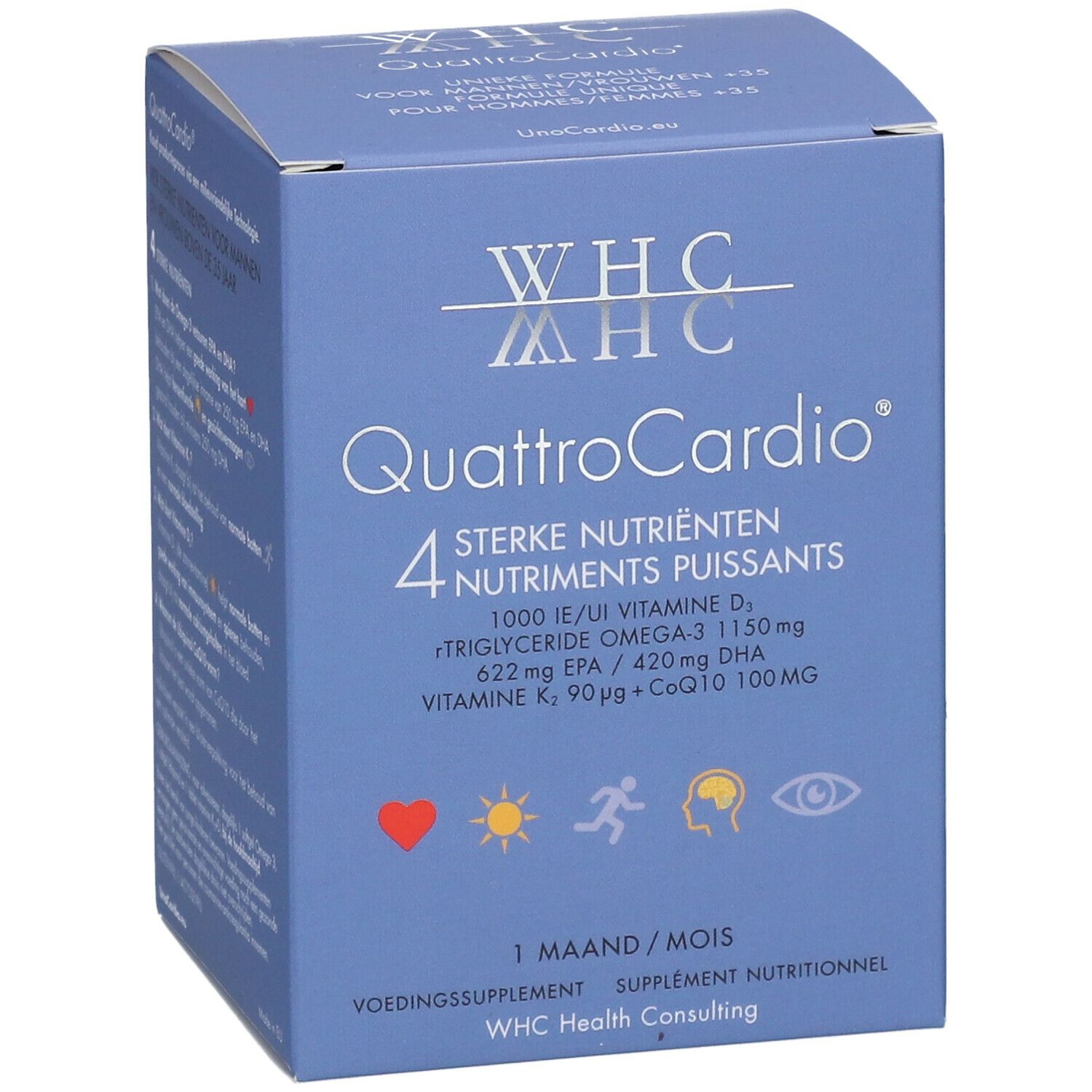 Blauwe verpakking van WHC QuattroCardio met logo en info. Bevat 4 voedingsstoffen.