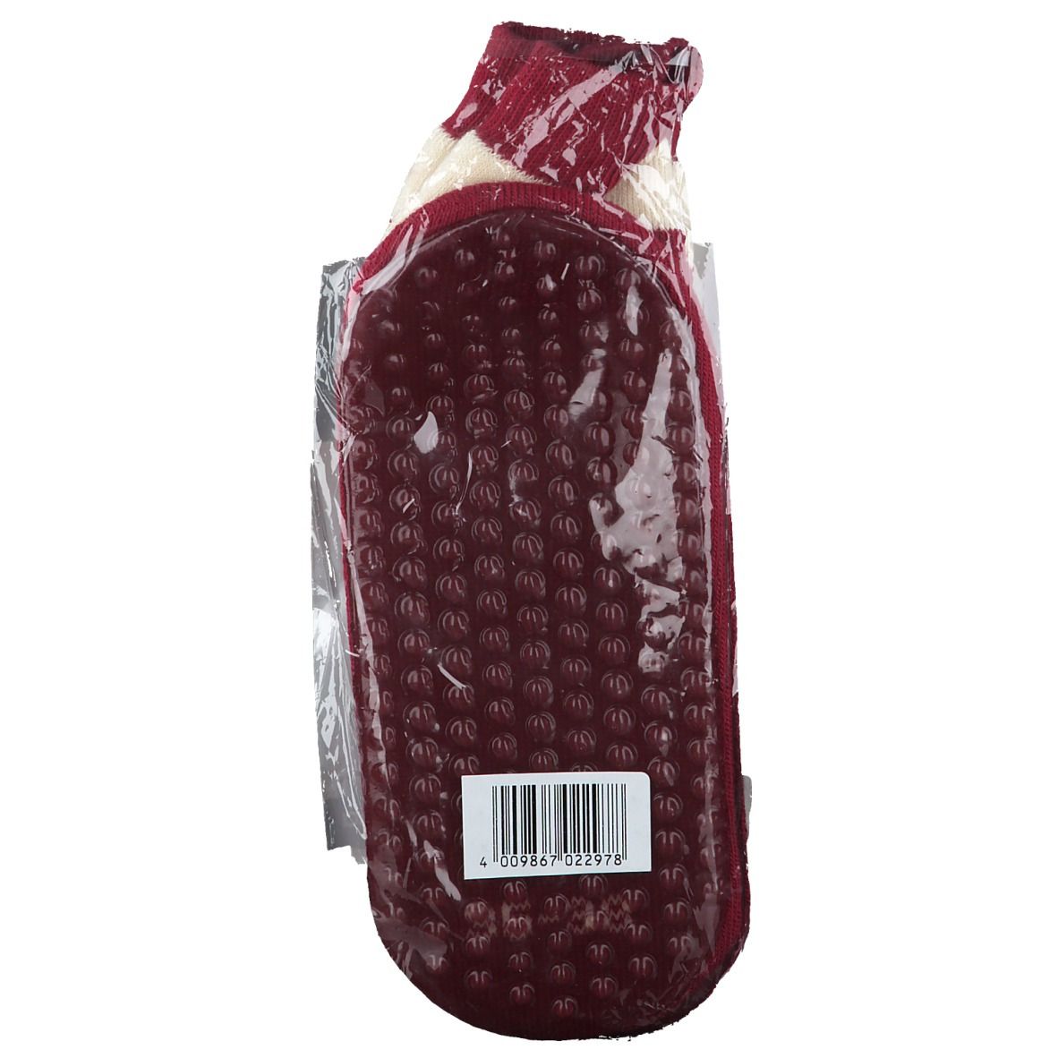 Chaussette antidérapante bordeaux sous film plastique. Picots visibles sur la semelle. Étiquette code-barres.
