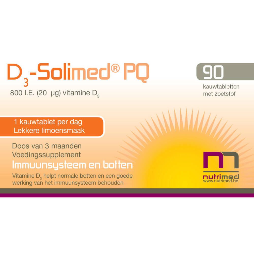 Doos D3-Solimed PQ, 90 kauwtabletten. Opschrift: 800 I.E. (20 µg) vitamine D3. Met zoetstof.