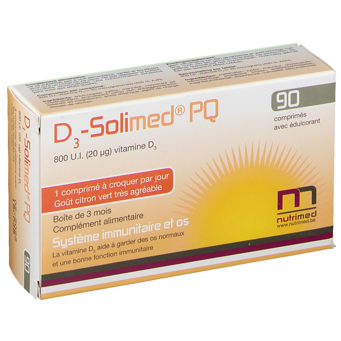 Boîte de D3-Solimed PQ, 90 comprimés. Inscription: 800 U.I. (20 µg) vitamine D3. Goût citron vert. Avec édulcorant.