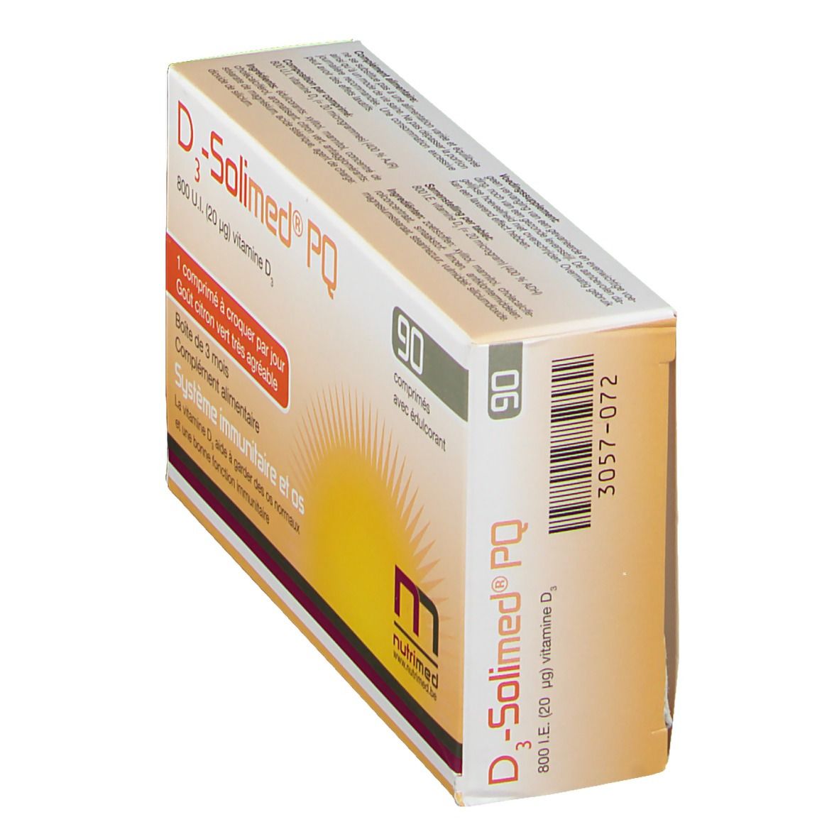 Boîte D3-Solimed PQ, 90 comprimés. Inscription: 800 U.I. (20 µg) vitamine D3. Avec édulcorant. Vue latérale.