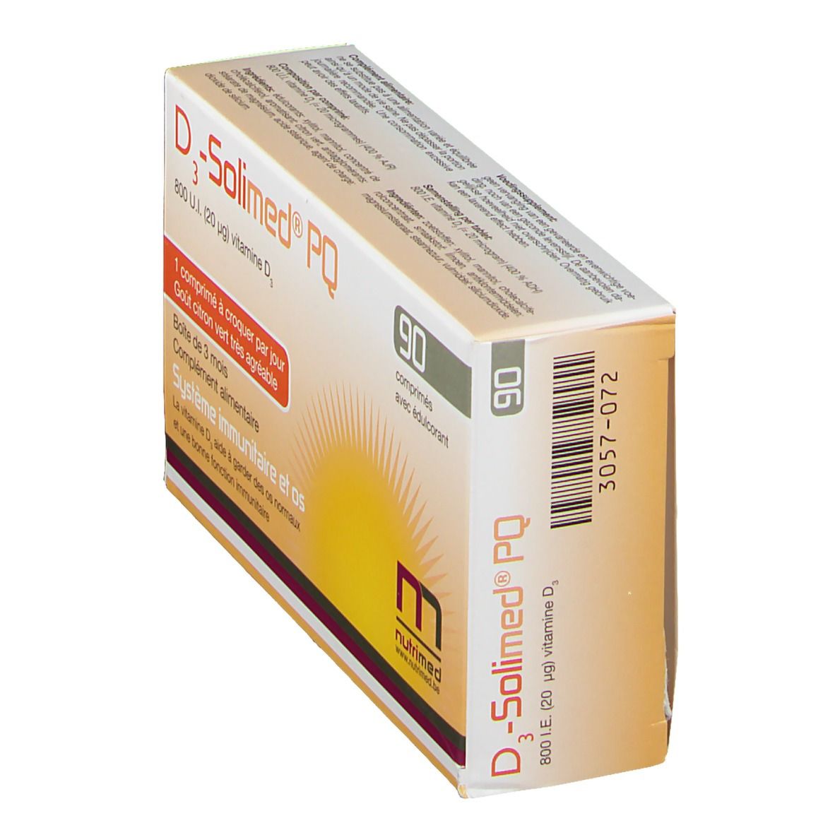 Boîte D3-Solimed PQ, 90 comprimés. Inscription: 800 U.I. (20 µg) vitamine D3. Avec édulcorant. Vue latérale.