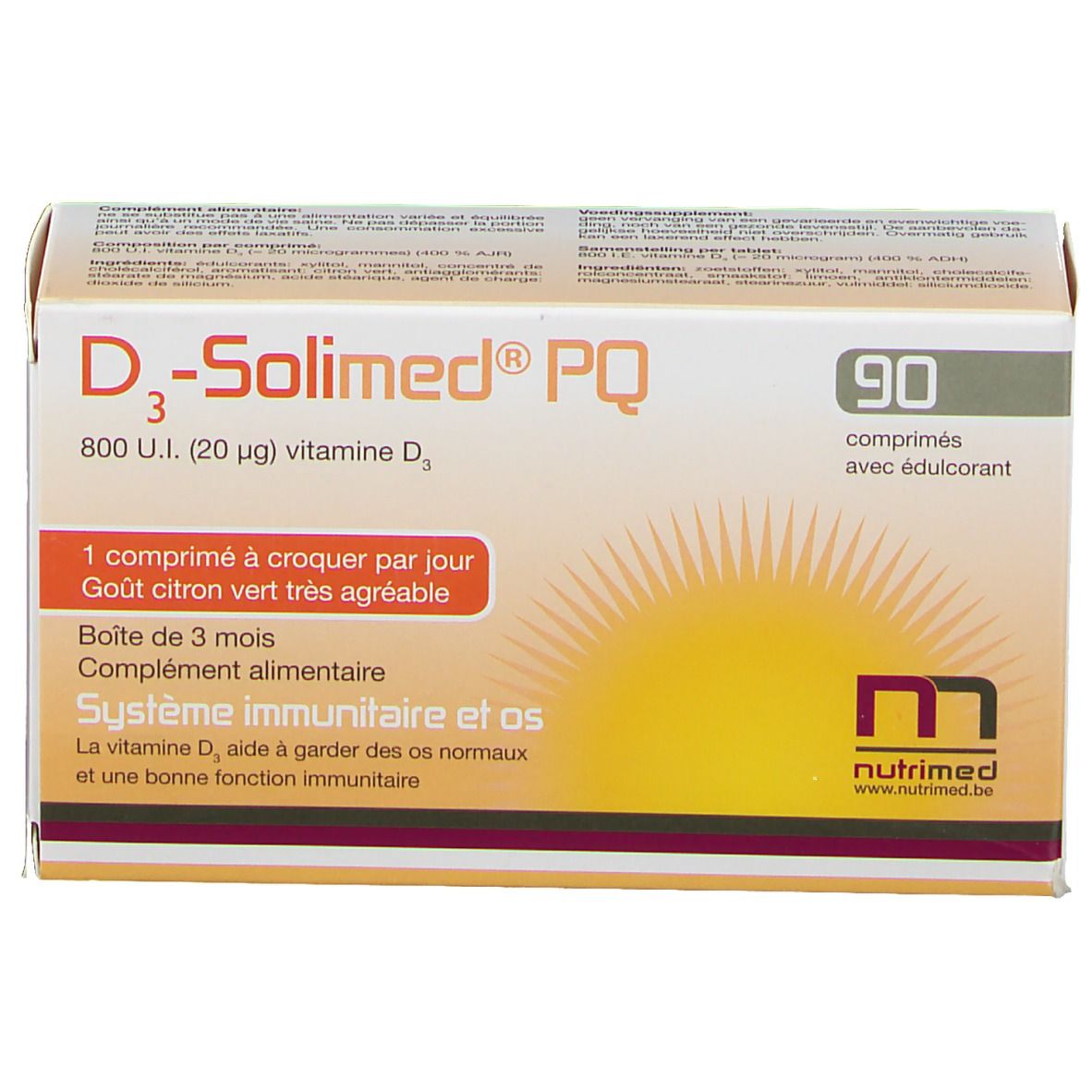 Boîte de D3-Solimed PQ, 90 comprimés. Inscription: 800 U.I. (20 µg) vitamine D3. Goût citron vert. Avec édulcorant.