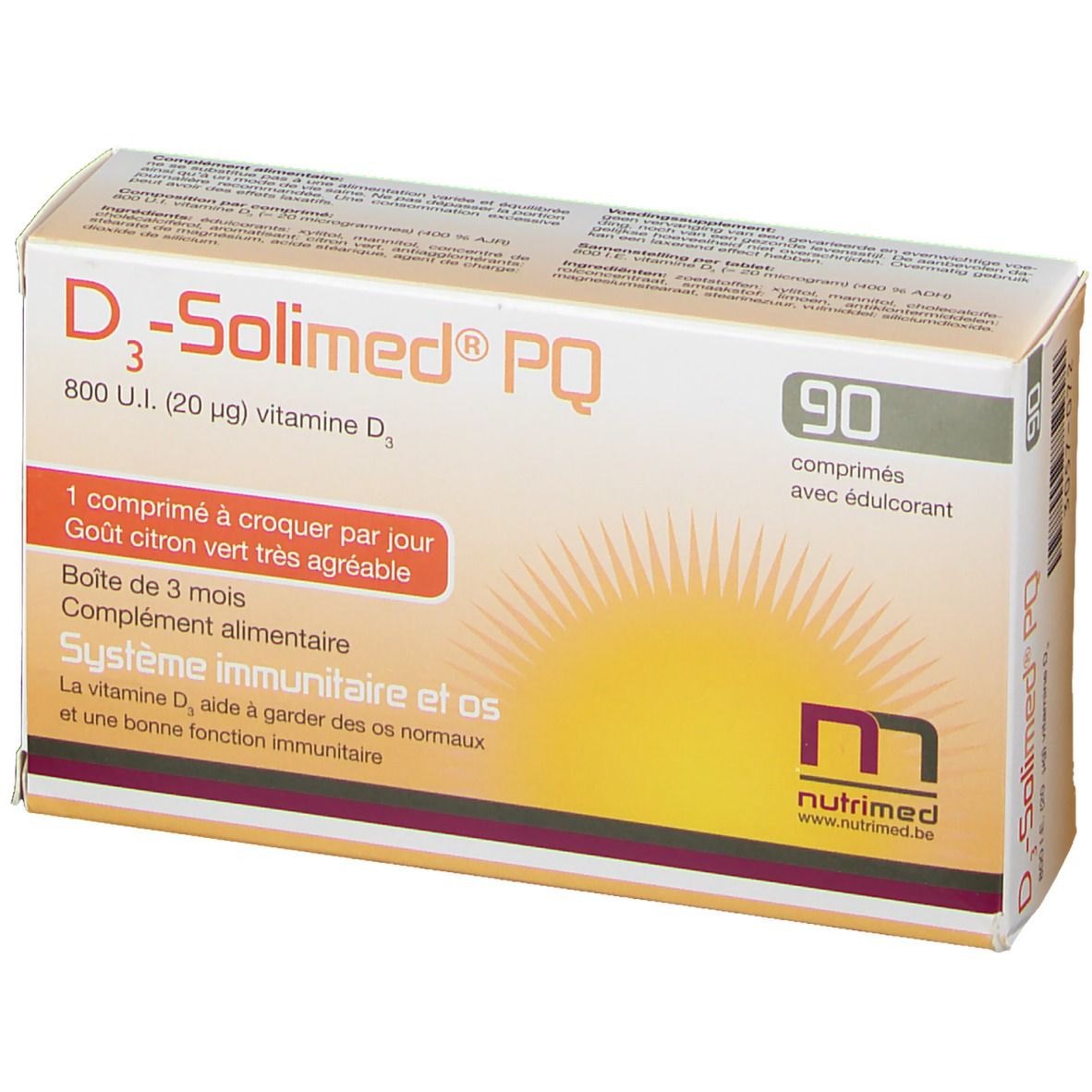 Boîte de D3-Solimed PQ, 90 comprimés. Inscription: 800 U.I. (20 µg) vitamine D3. Goût citron vert. Avec édulcorant.