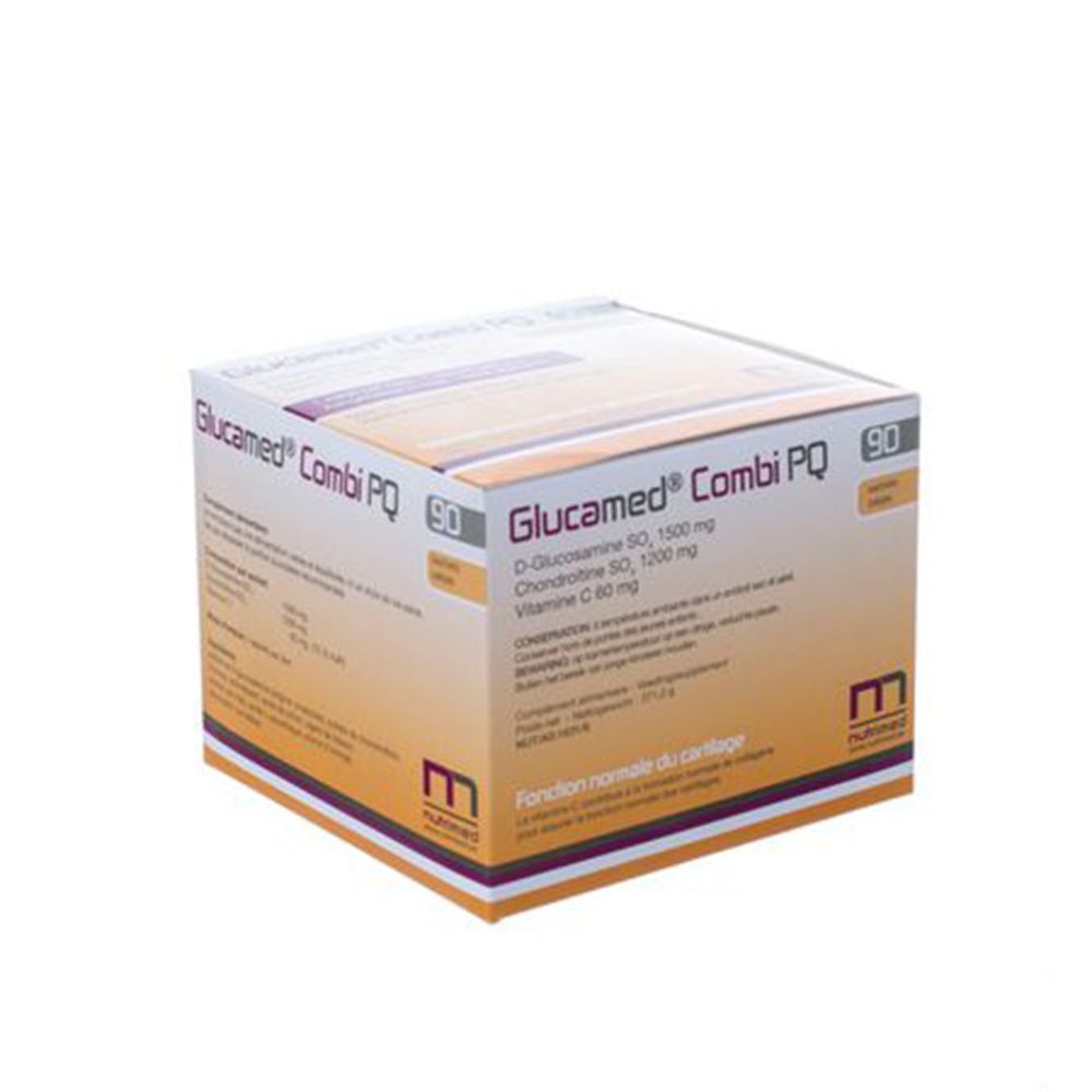 Verpakking Glucamed Combi PQ met 90 zakjes. Bevat D-Glucosamine, Chondroïtine, Vitamine C. Merk: Nutrimed. Normale werking van het kraakbeen.