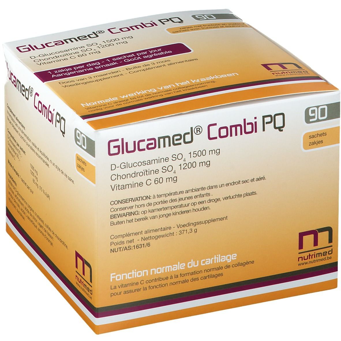 Boîte de Glucamed Combi PQ, 90 sachets. Ingrédients : D-Glucosamine, Chondroïtine, Vitamine C. Marque : Nutrimed.
