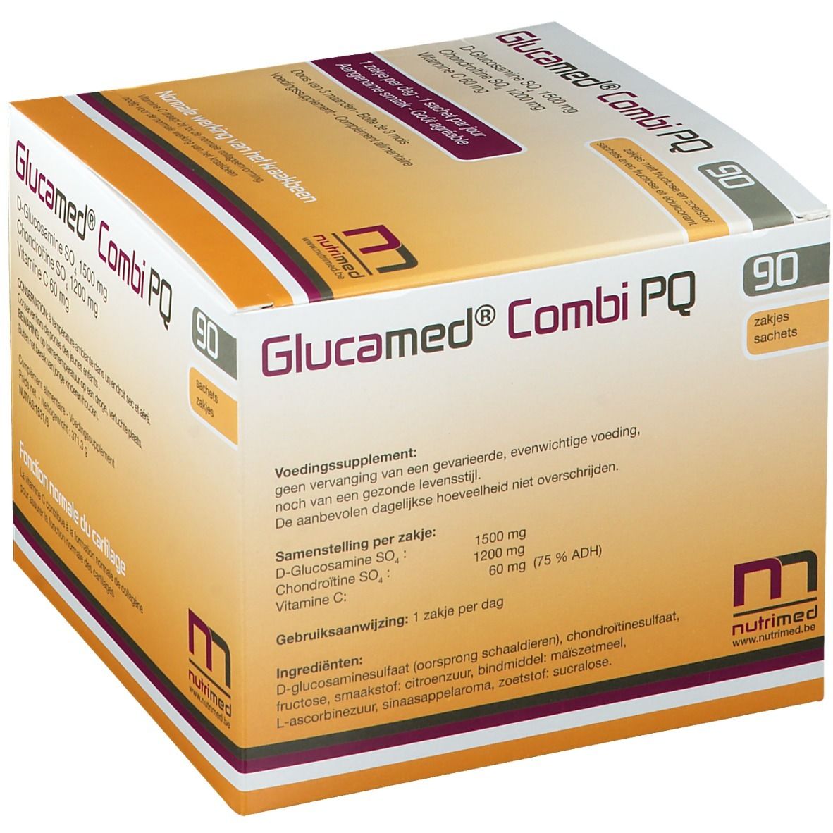 Boîte de Glucamed Combi PQ, 90 sachets. Contient D-Glucosamine, Chondroïtine, Vitamine C. Marque : Nutrimed. Complément alimentaire.