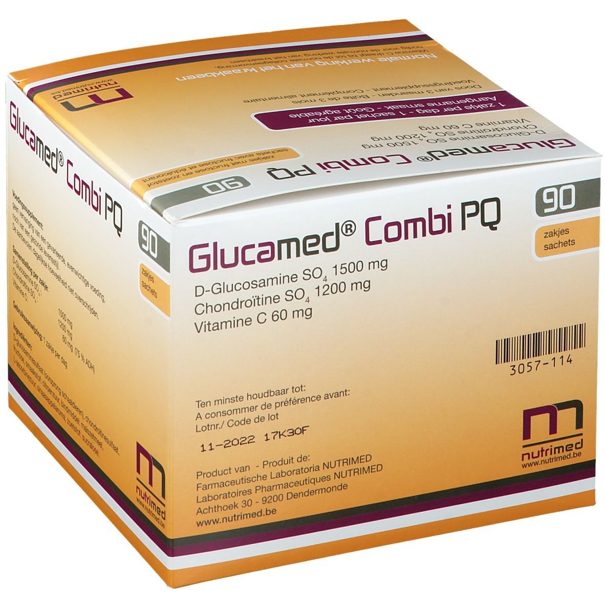 Boîte Glucamed Combi PQ, 90 sachets. Contient D-Glucosamine, Chondroïtine, Vitamine C. Marque : Nutrimed. À consommer de préférence avant 11-2022.