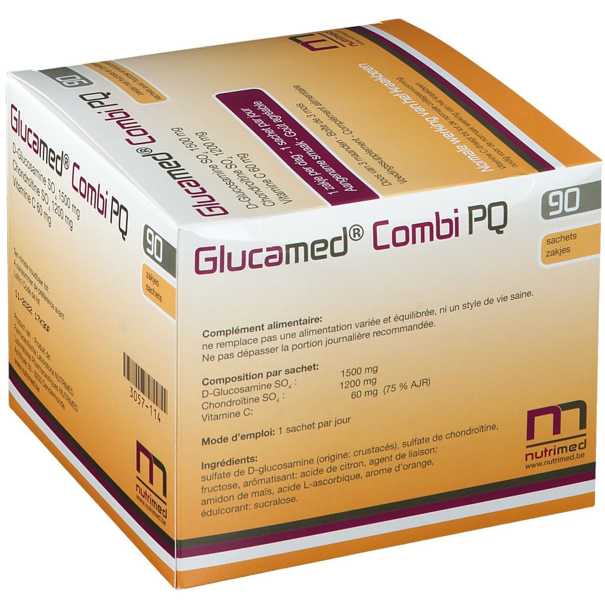 Boîte Glucamed Combi PQ, 90 sachets. Contient D-Glucosamine, Chondroïtine, Vitamine C. Marque : Nutrimed. Posologie : 1 sachet par jour.
