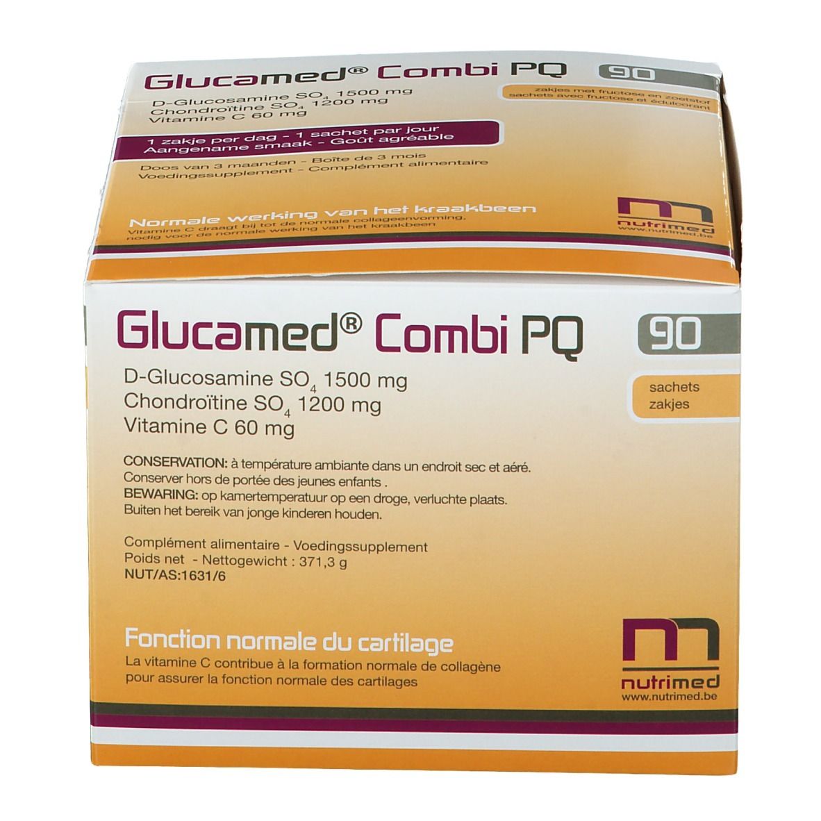 Boîte Glucamed Combi PQ, 90 sachets. Contient D-Glucosamine, Chondroïtine, Vitamine C. Marque : Nutrimed. Fonction normale du cartilage.