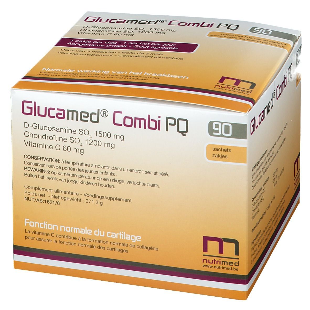 Boîte Glucamed Combi PQ, 90 sachets. Contient D-Glucosamine, Chondroïtine, Vitamine C. Marque : Nutrimed. Fonction normale du cartilage.