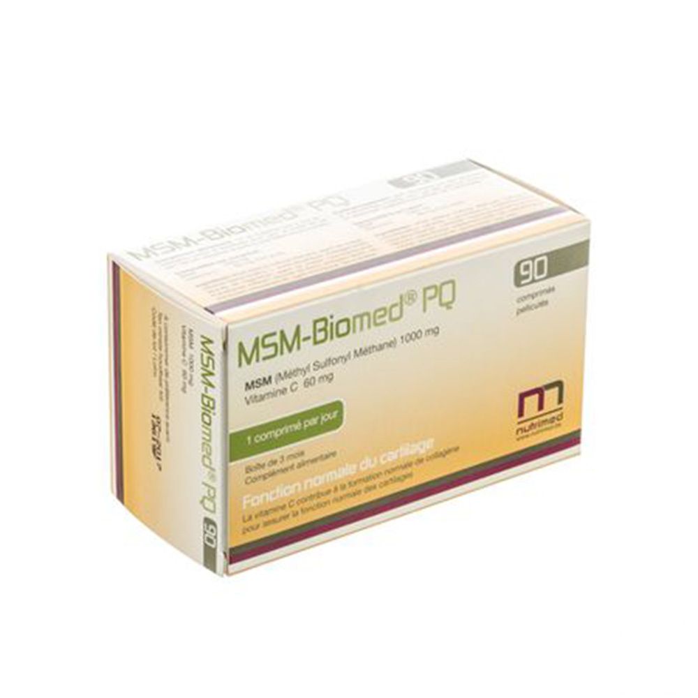 Boîte de MSM-Biomed® PQ, 90 comprimés. Contient MSM, vitamine C. 1 comprimé par jour. Nutrimed.