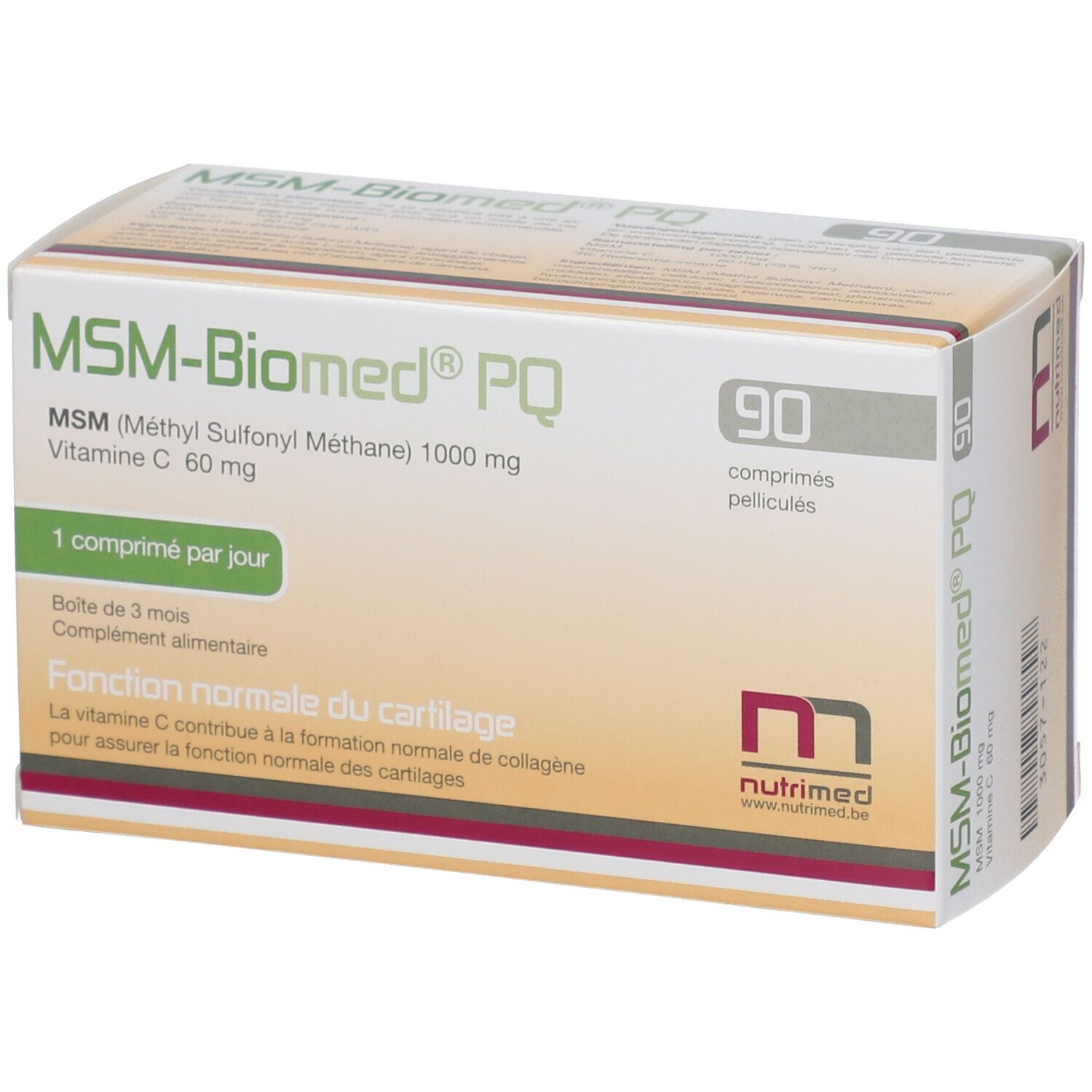Boîte de MSM-Biomed® PQ, 90 comprimés pelliculés. Contient MSM, vitamine C. 1 comprimé par jour. Nutrimed.