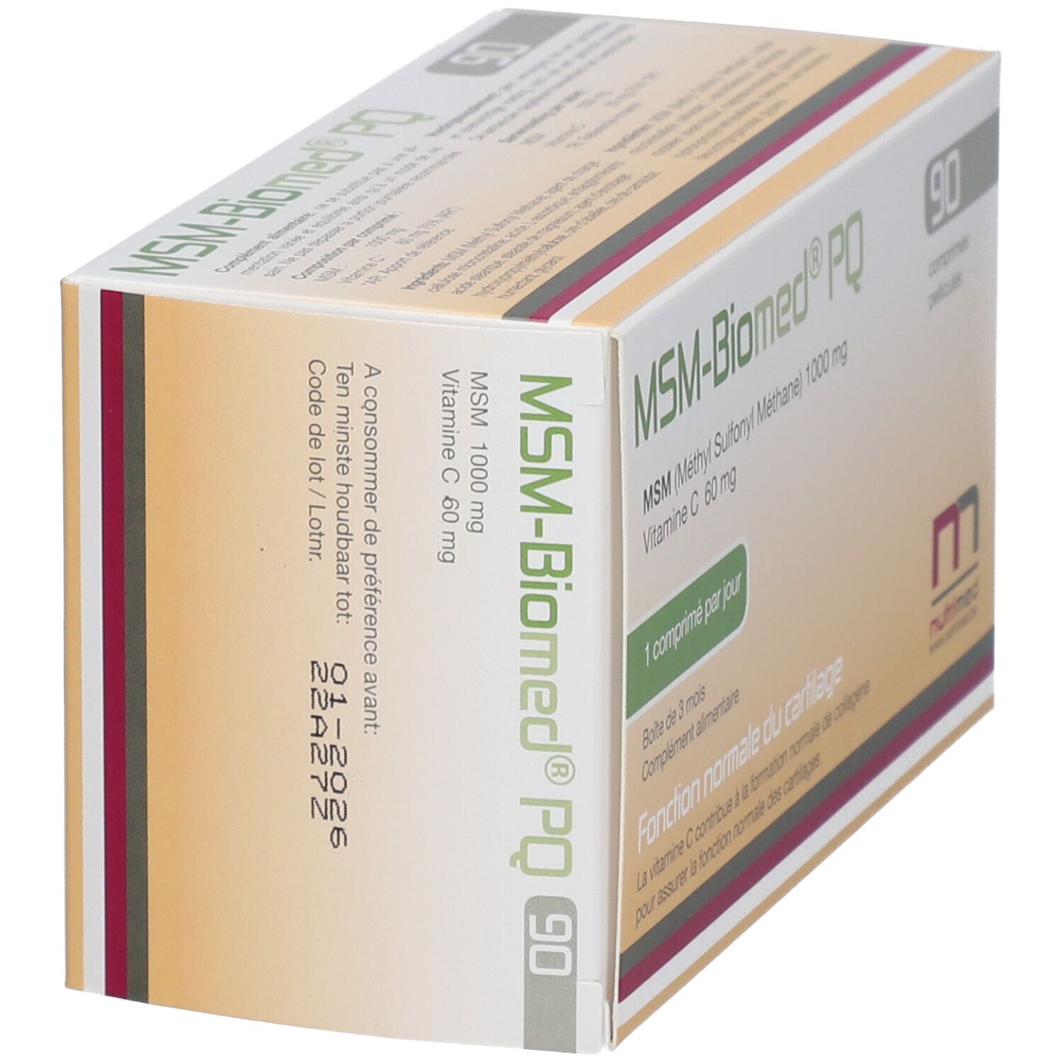 Boîte de MSM-Biomed® PQ, 90 comprimés. Contient MSM, vitamine C. 1 comprimé par jour. Nutrimed.