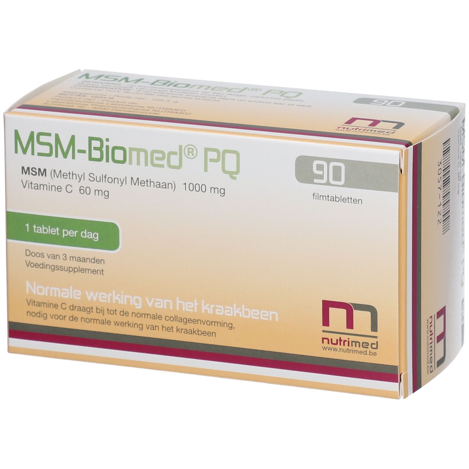 Boîte de MSM-Biomed® PQ, 90 comprimés. Contient MSM, vitamine C. 1 comprimé par jour. Nutrimed.