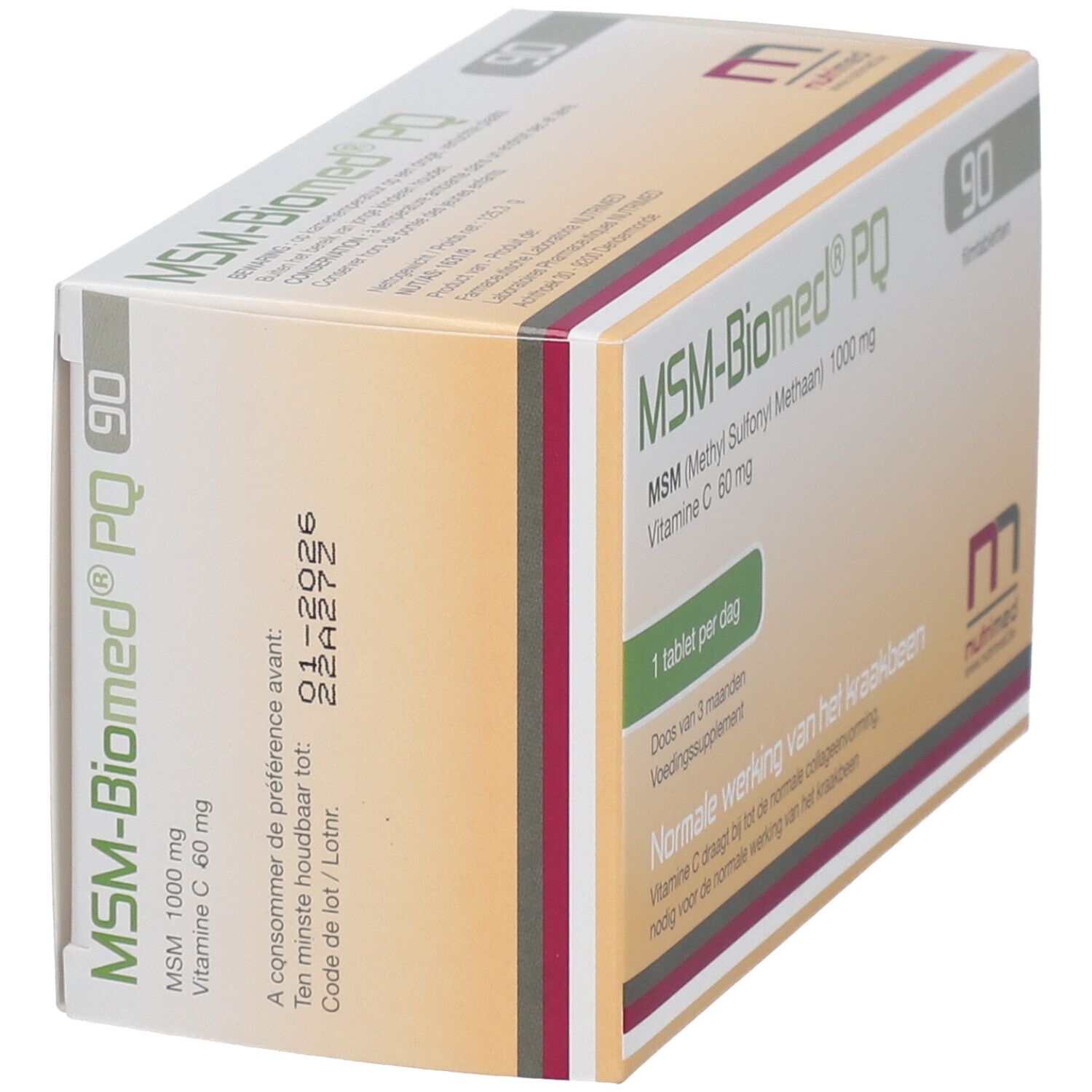 Boîte de MSM-Biomed® PQ, 90 comprimés. Contient MSM, vitamine C. 1 comprimé par jour. Nutrimed.
