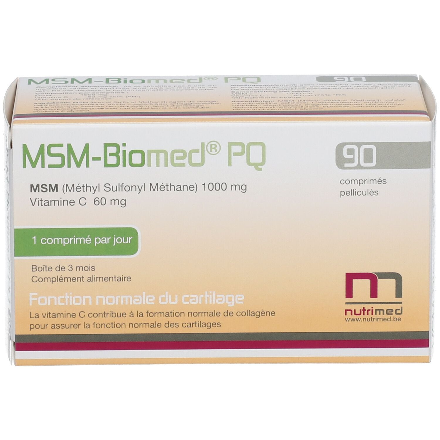 Boîte de MSM-Biomed® PQ, 90 comprimés. Contient MSM, vitamine C. 1 comprimé par jour. Nutrimed.