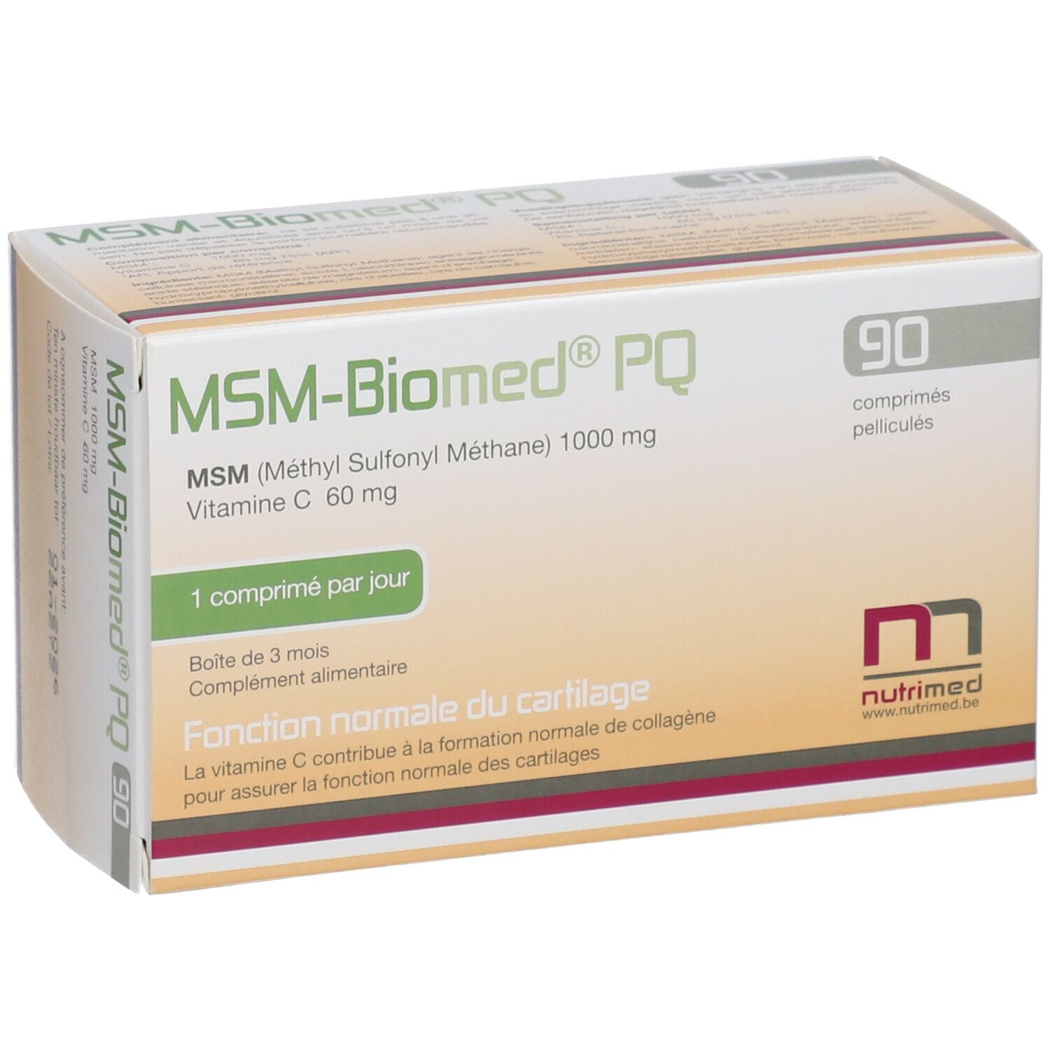 Boîte de MSM-Biomed® PQ, 90 comprimés. Contient MSM, vitamine C. 1 comprimé par jour. Nutrimed.