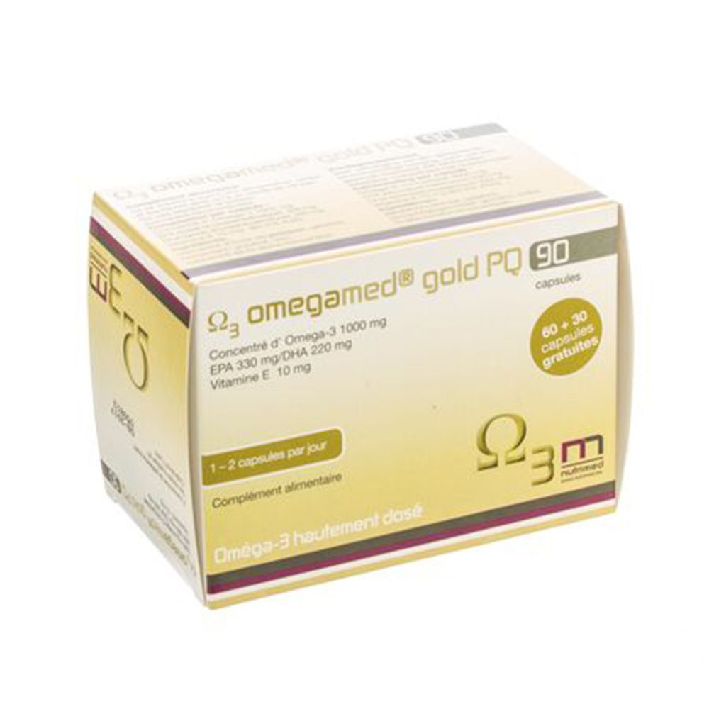 Boîte Omegamed® Gold PQ 90. Contient 90 capsules. Inscription: Oméga-3, 1000 mg, EPA 33%/DHA 22%, Vitamine E 10 mg. 60+30 capsules gratuites.