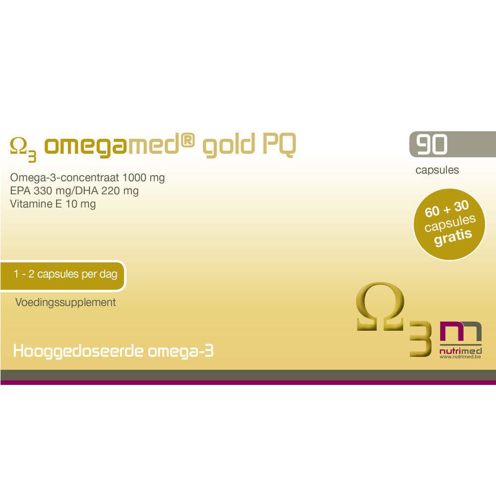 Omegamed® Gold PQ 90-verpakking. Bevat 90 capsules. Opschrift: Omega-3, 1000 mg, EPA 33%/DHA 22%, Vitamine E 10 mg. 60+30 capsules gratis.