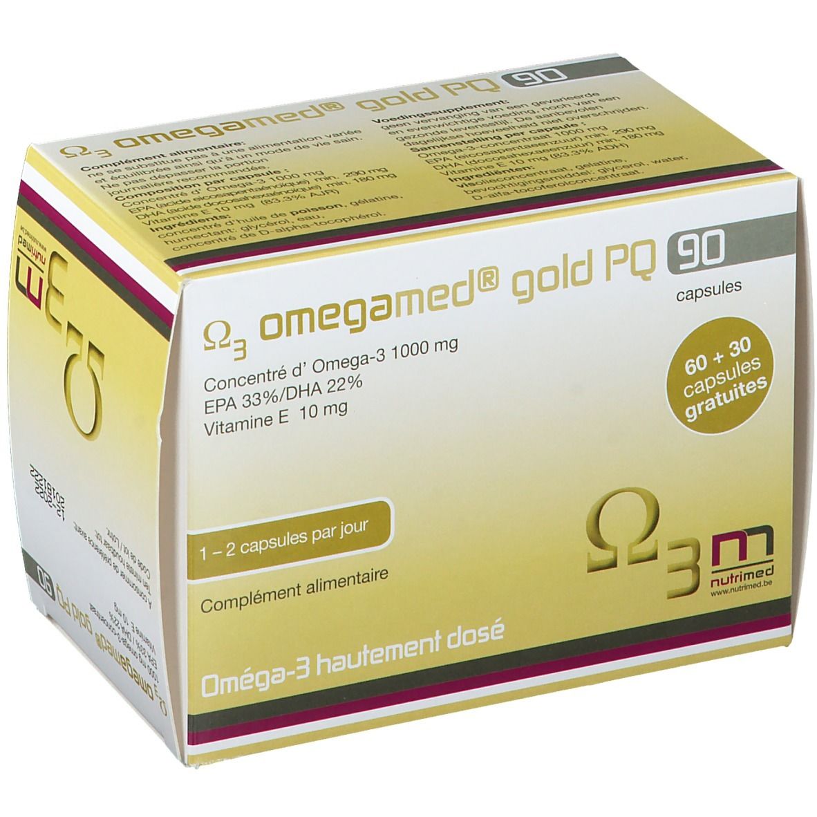 Boîte Omegamed® Gold PQ 90. Contient 90 capsules. Inscription: Oméga-3, 1000 mg, EPA 33%/DHA 22%, Vitamine E 10 mg. 60+30 capsules gratuites.