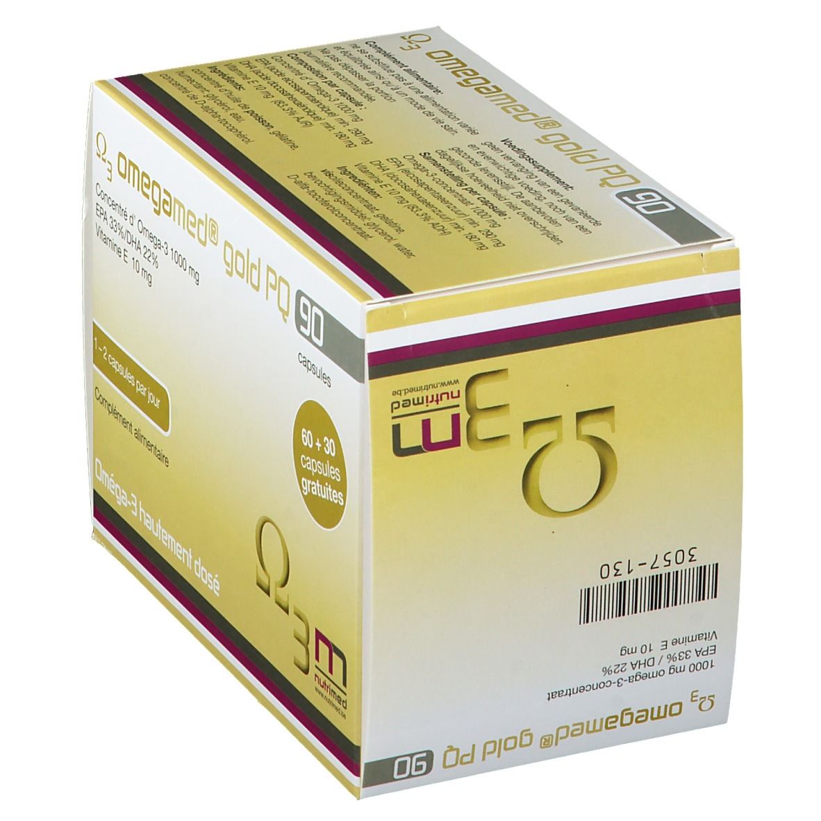 Boîte Omegamed® Gold PQ 90. Contient 90 capsules. Inscription: Oméga-3, 1000 mg, EPA 33%/DHA 22%, Vitamine E 10 mg. 60+30 capsules gratuites.