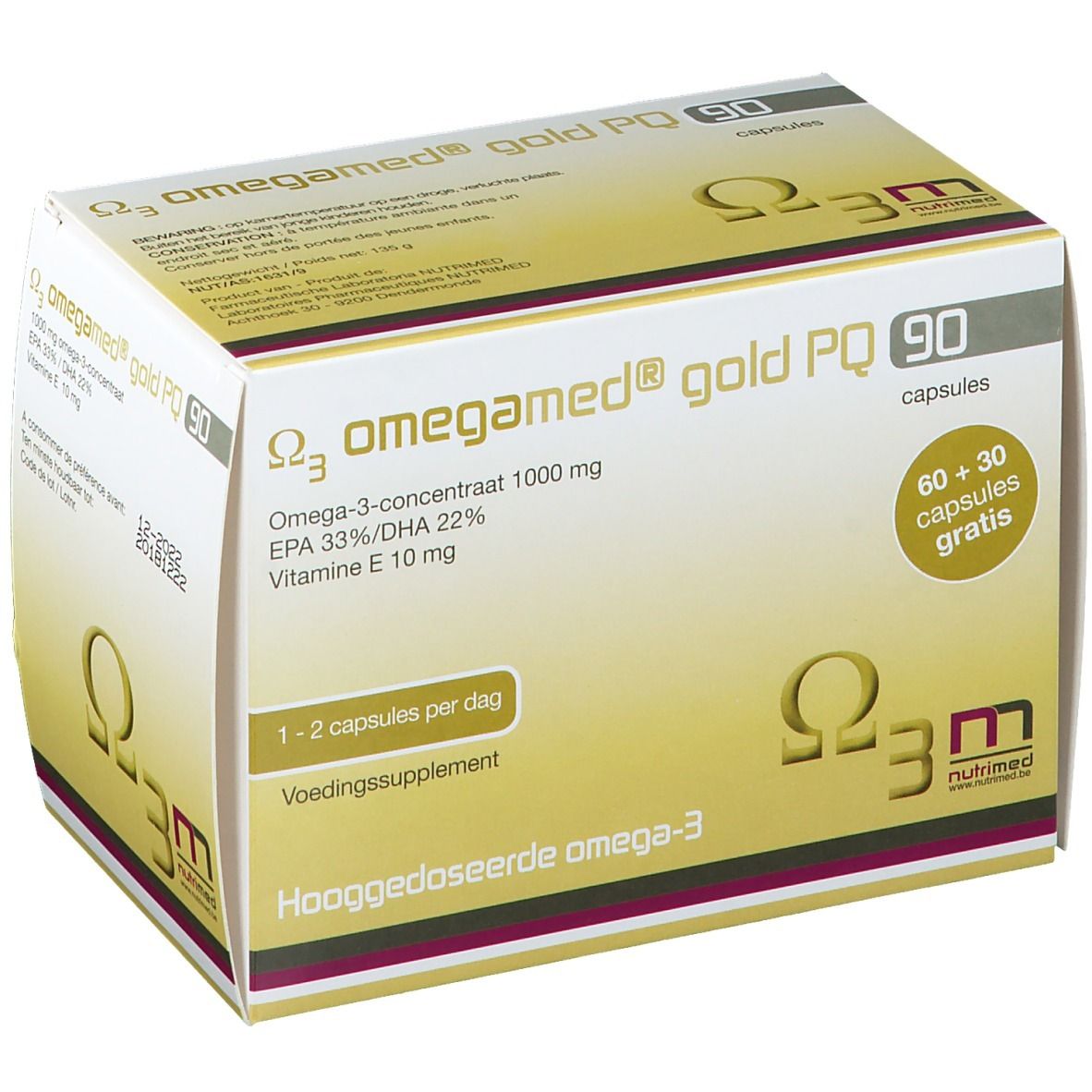 Boîte Omegamed® Gold PQ 90. Contient 90 capsules. Inscription: Oméga-3, 1000 mg, EPA 33%/DHA 22%, Vitamine E 10 mg. 60+30 capsules gratuites.